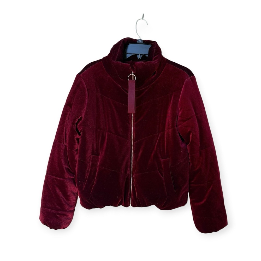 Leola Couture Burgundy Velvet Puffy Jacket Coat Urban Luxe Dk Academia Sz M EUC